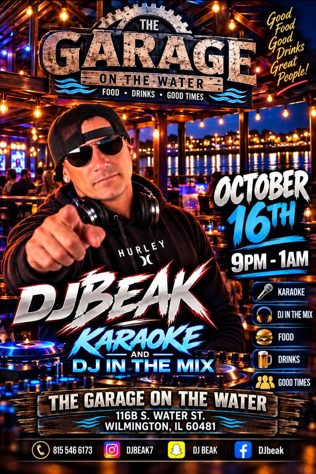 Flyer for DJ Beak at The Garage on the Water, October 16, 9 p.m. to 1 a.m.