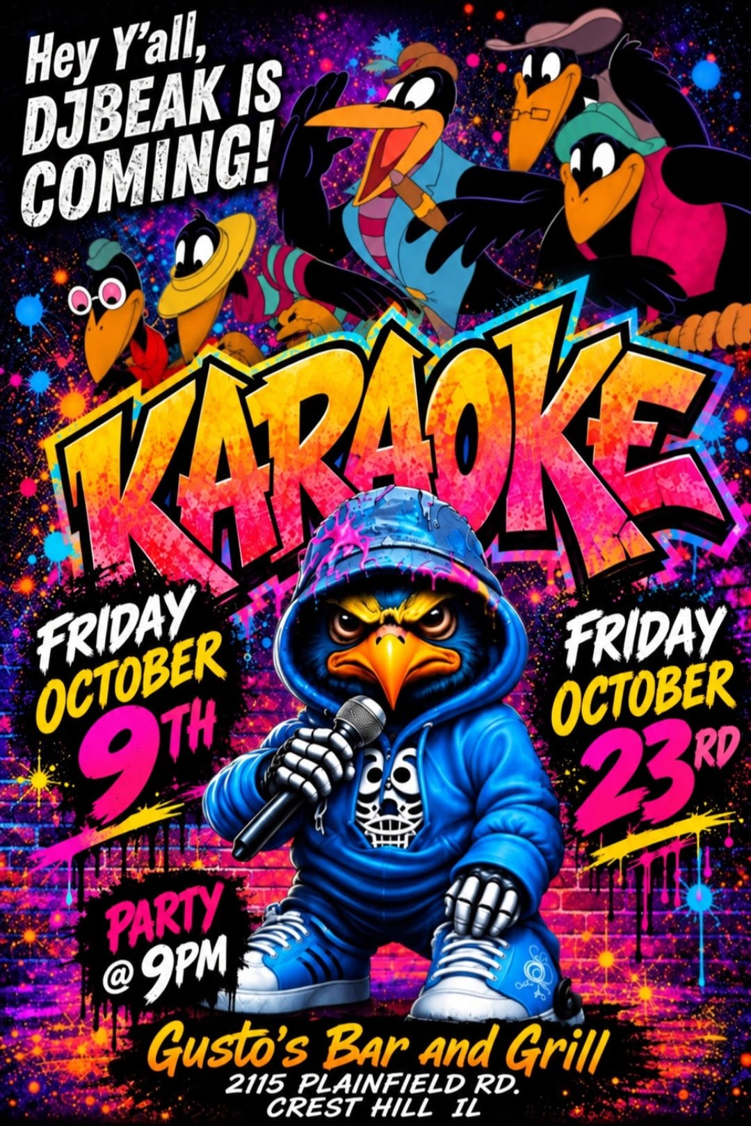 Karaoke flyer for Gusto’s Bar and Grill, Friday October 9 and Friday October 23.
