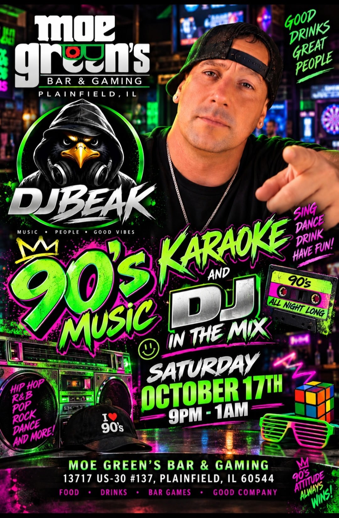 Flyer for 90s karaoke at Moe Green’s in Plainfield, Saturday October 17.