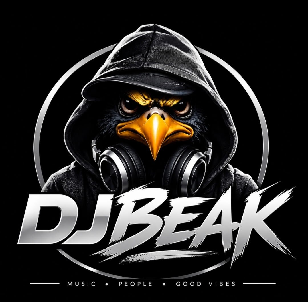 DJ Beak logo. A hooded eagle in headphones. Music, people, good vibes.
